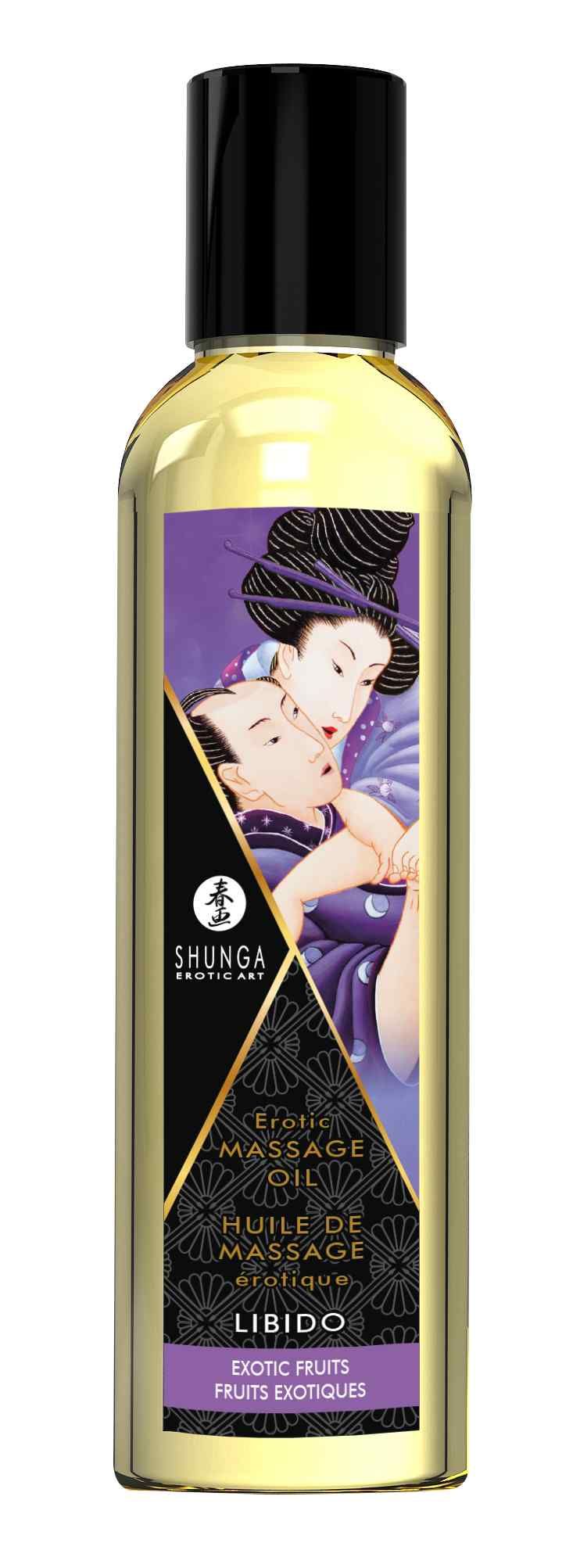 Huile de massage Shunga Libido Exotic Fruits en flacon doré.