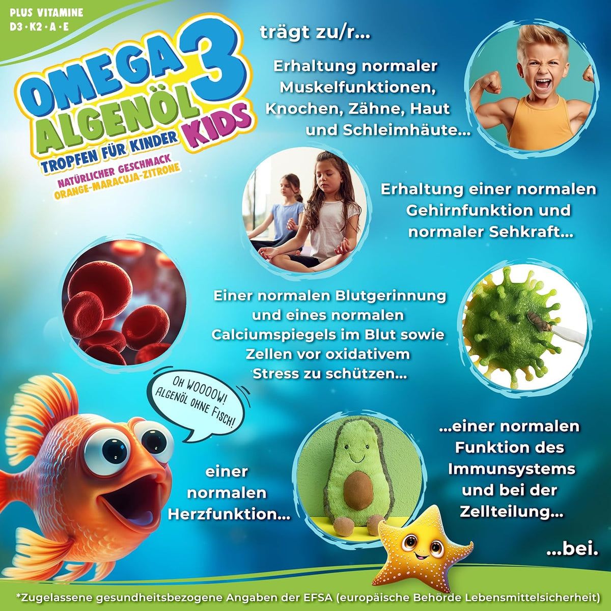 Image publicitaire avec texte et illustrations. Omega 3 Algenöl KIDS. Avantages : muscles, os, cerveau, système immunitaire. Label végan.