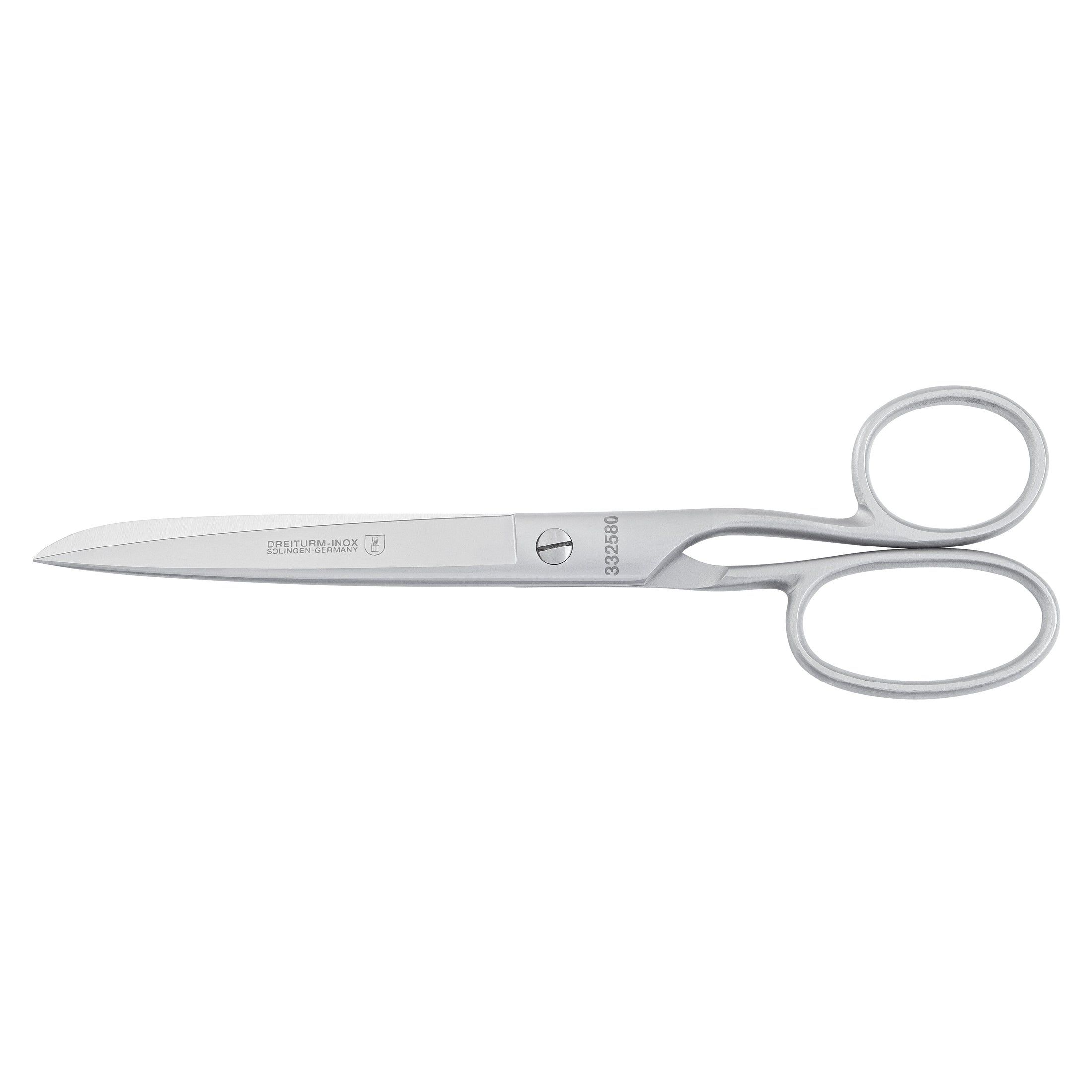 Zilveren schaar met afgeronde handgrepen. Tekst en logo op het lemmet. Original Solingen.