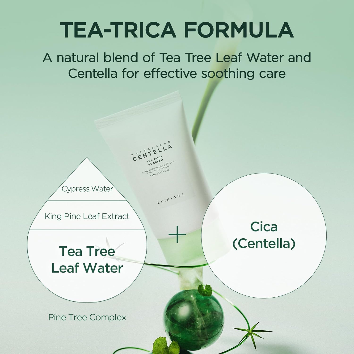 Crèmetube met groene dop. Tekst: Tea-Trica B5 Cream, SKIN1004. Met ingrediënten. Cica.
