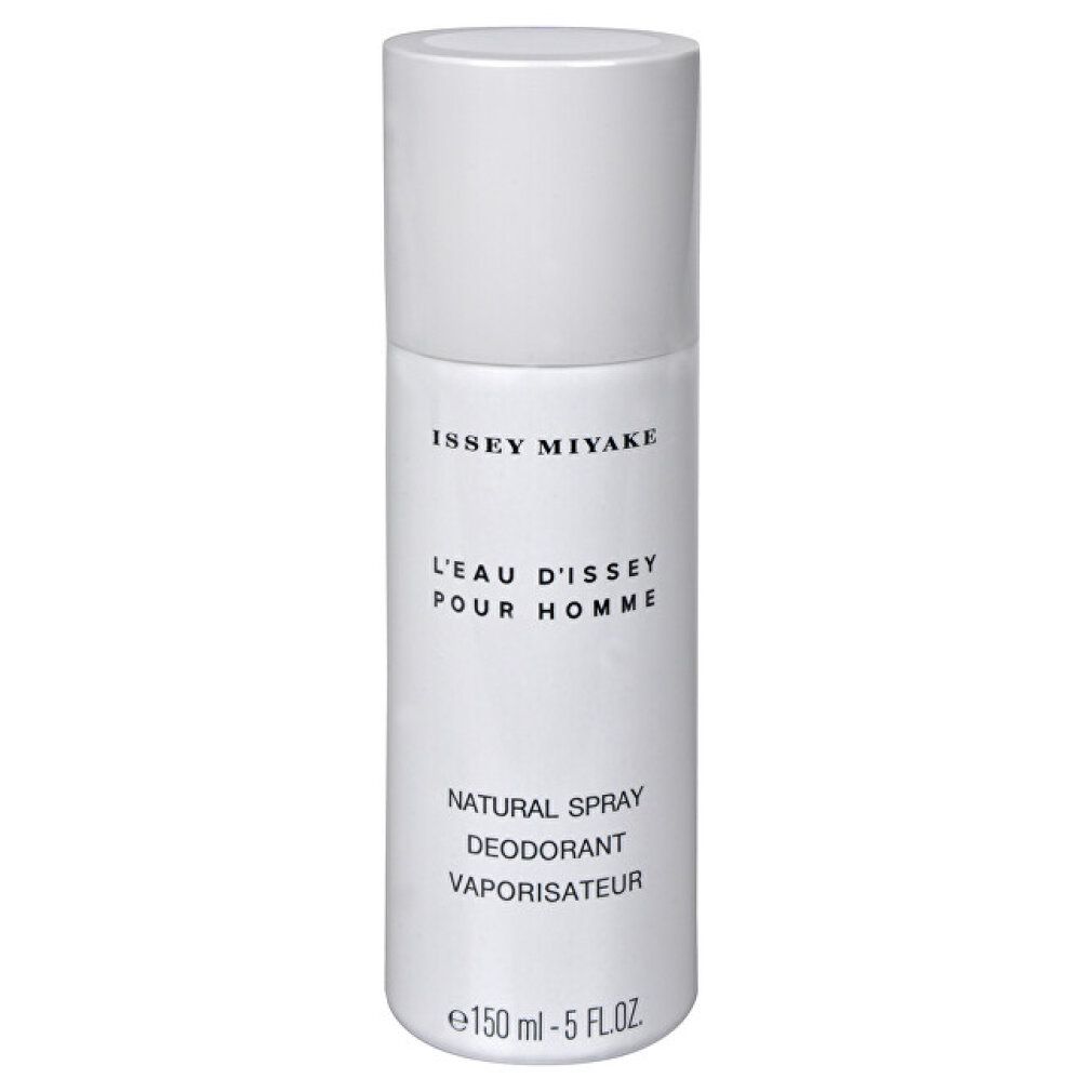 Déodorant spray blanc Issey Miyake. Texte: L'Eau d'Issey Pour Homme, Natural Spray Deodorant, Vaporisateur. Bouteille avec bouchon.