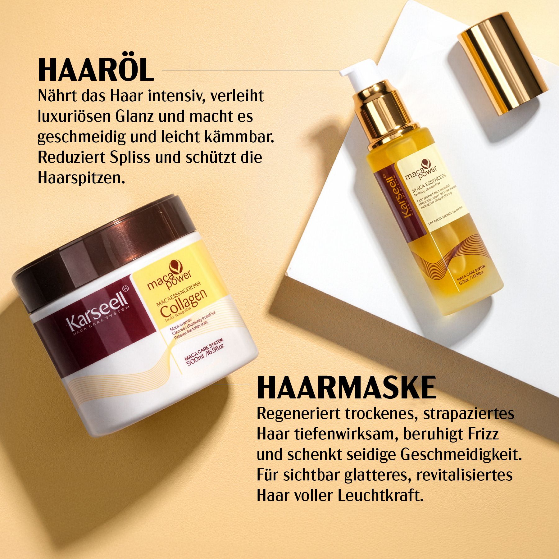 Huile Karseell Maca Essenz et Masque capillaire Maca Collagen. Flacon d'huile et pot de masque. Accents jaunes et bruns. Sur fond clair.
