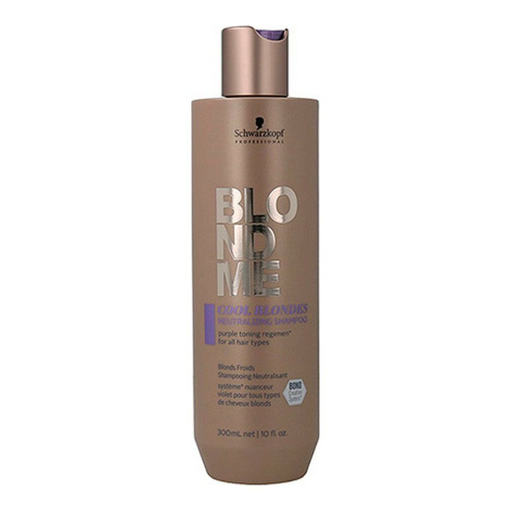 Schwarzkopf BlondMe Cool Blondes Shampoo. Bruine fles. Tekst: BlondMe, Cool Blondes. Paarse accenten. 300ml.