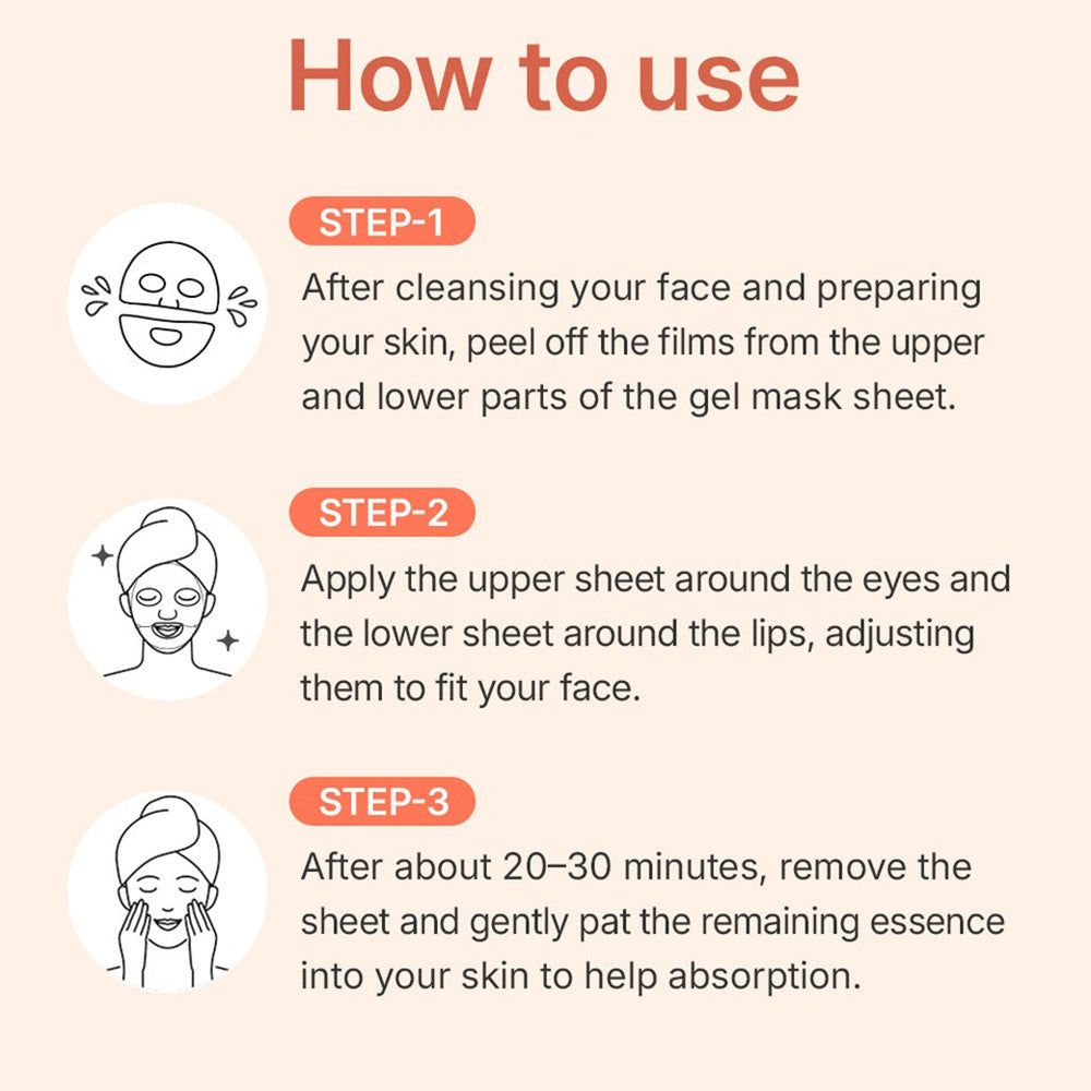 Gebruiksinstructies voor de Madeca Lab PDRN Skin Tightening Glow Gel Mask.