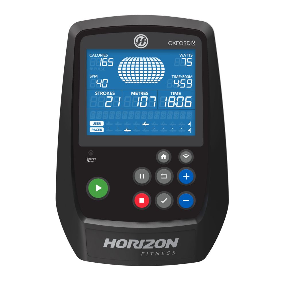 Digitaal display van de Horizon Fitness Oxford 6. Toont calorieën, watt, SPM, tijd, meters en slagen. Met knoppen.