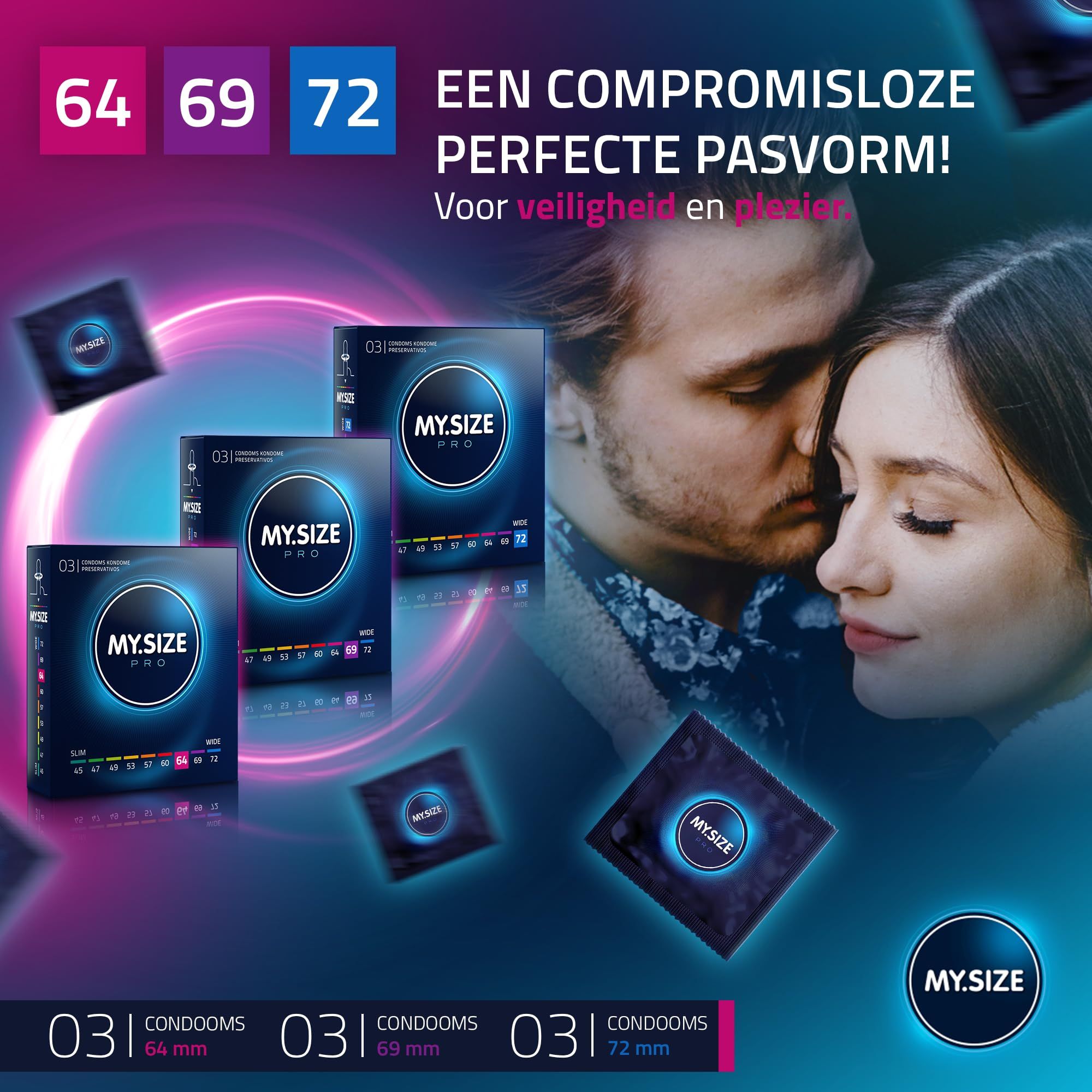 Productafbeelding met drie dozen My.Size PRO condooms, maten 64mm, 69mm en 72mm.