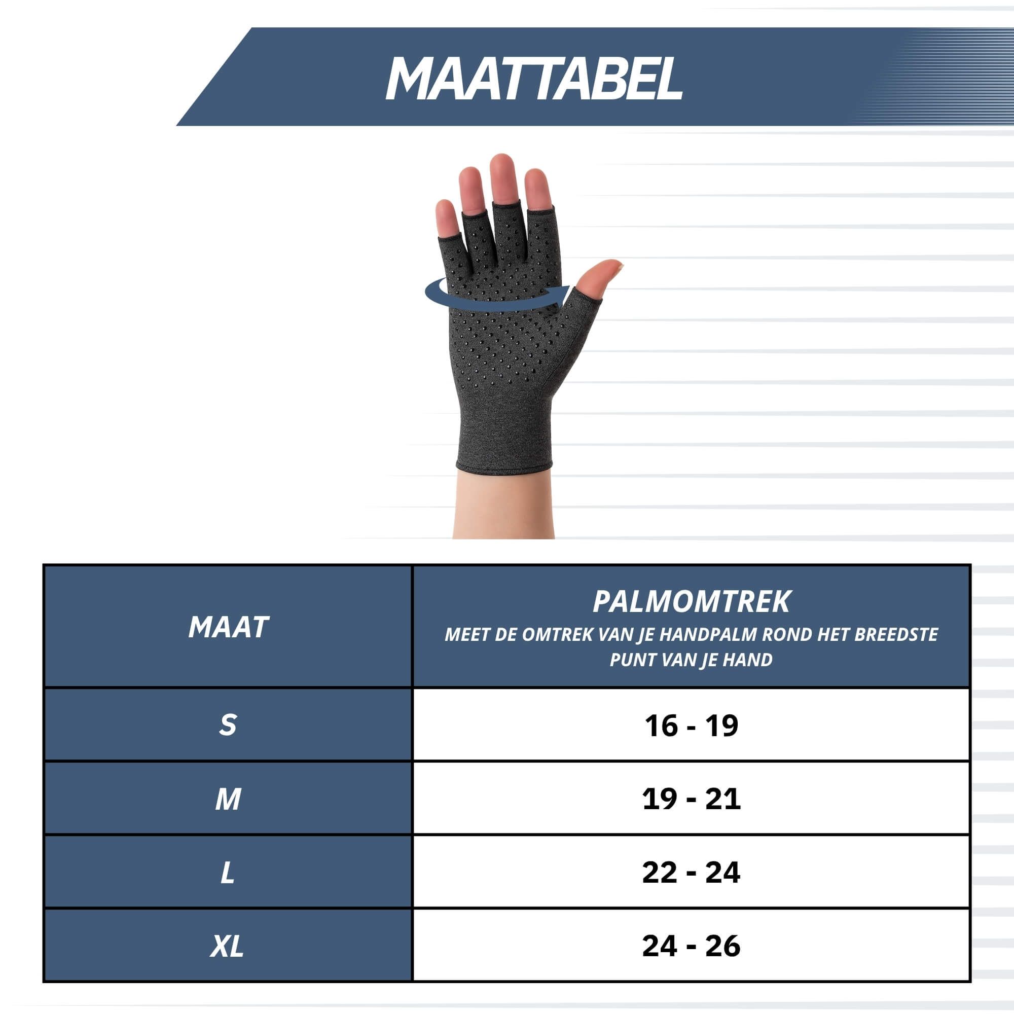 Maattabel voor compressiehandschoenen: S (16-19cm), M (19-21cm), L (22-24cm), XL (24-26cm).