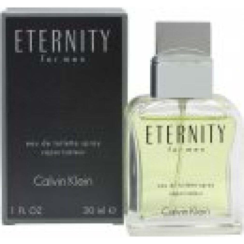 Eternity for Men Eau de Toilette Spray. Fles en doos. Zwarte doos met productnaam. Transparante fles met zilveren dop.