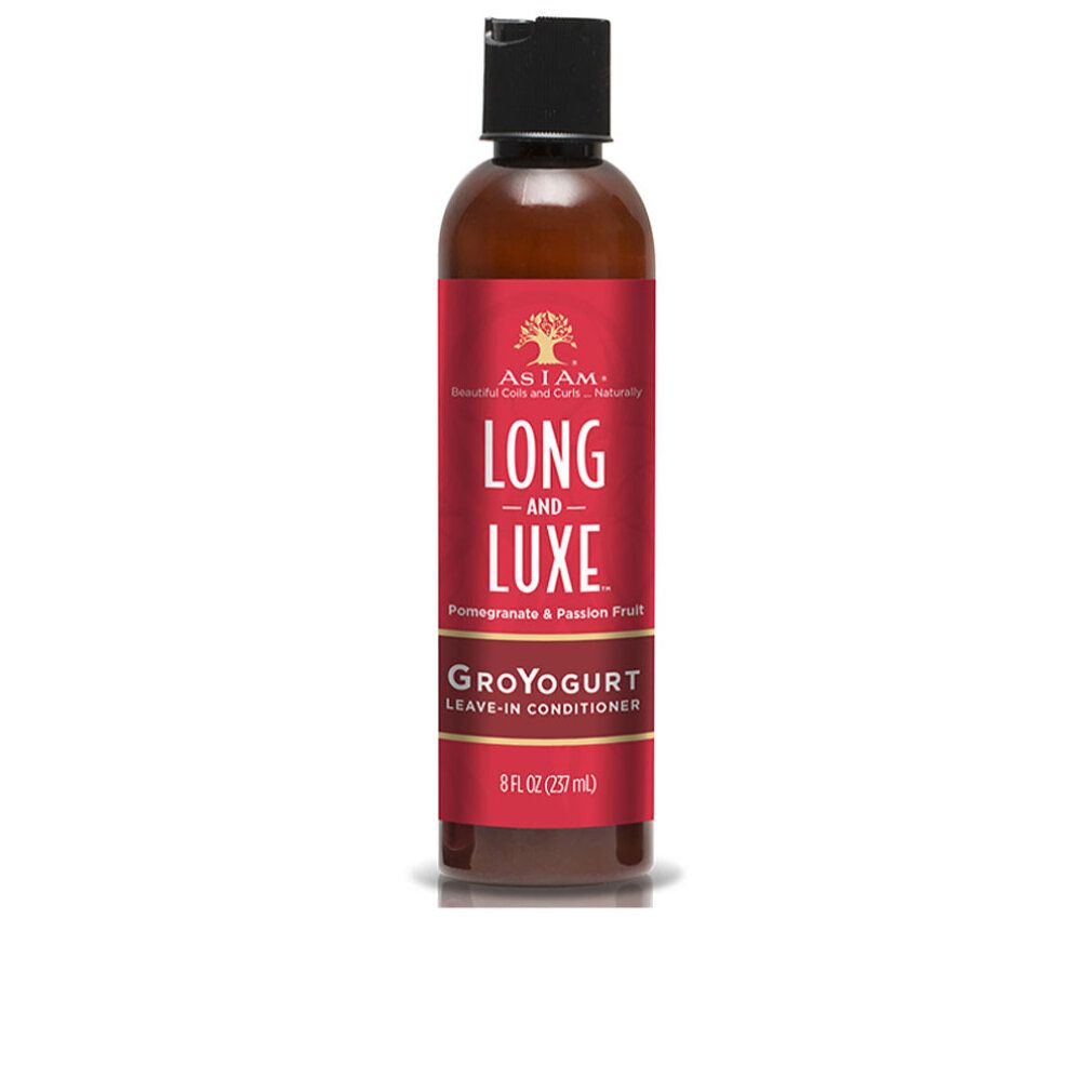 Bouteille marron avec étiquette rouge. Texte: LONG AND LUXE, GroYogurt Leave-In Conditioner. Bouchon noir. 8 fl oz (237 ml).