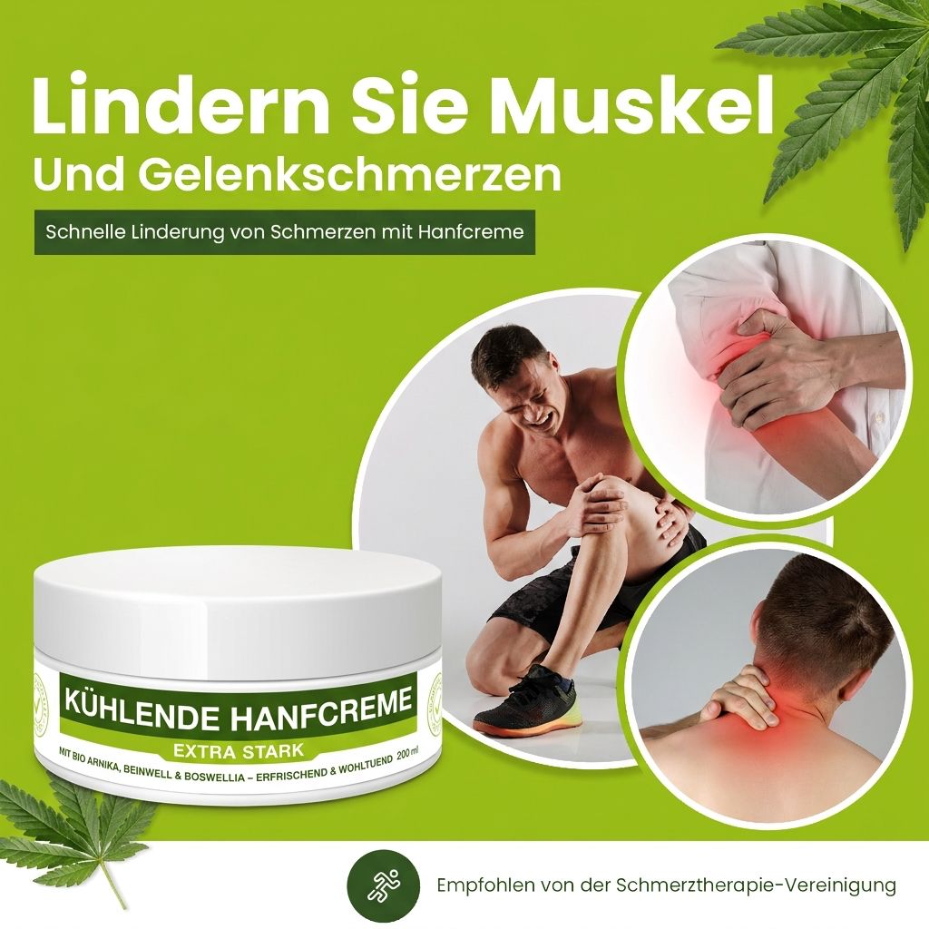 Pot blanc avec texte vert: KÜHLENDE HANFCREME. Extra fort. Homme avec douleur au genou et au cou. Feuille verte.