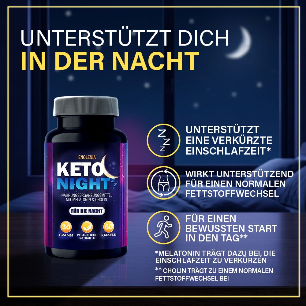 Pot Enolenia Keto Night à côté d'un lit avec des icônes symbolisant le sommeil et le métabolisme.