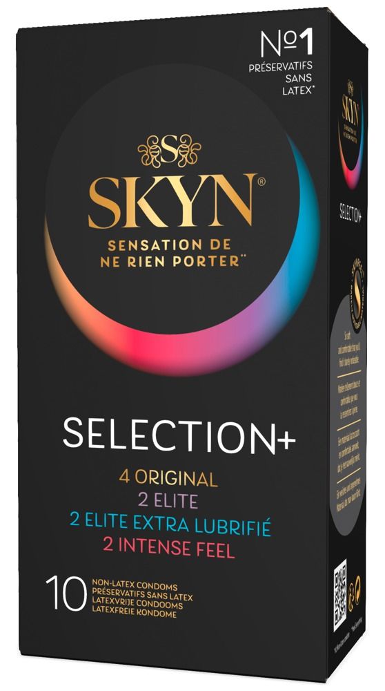 Zwarte verpakking met SKYN Selection+ opschrift. Bevat 10 condooms. Logo en productnamen zijn zichtbaar.