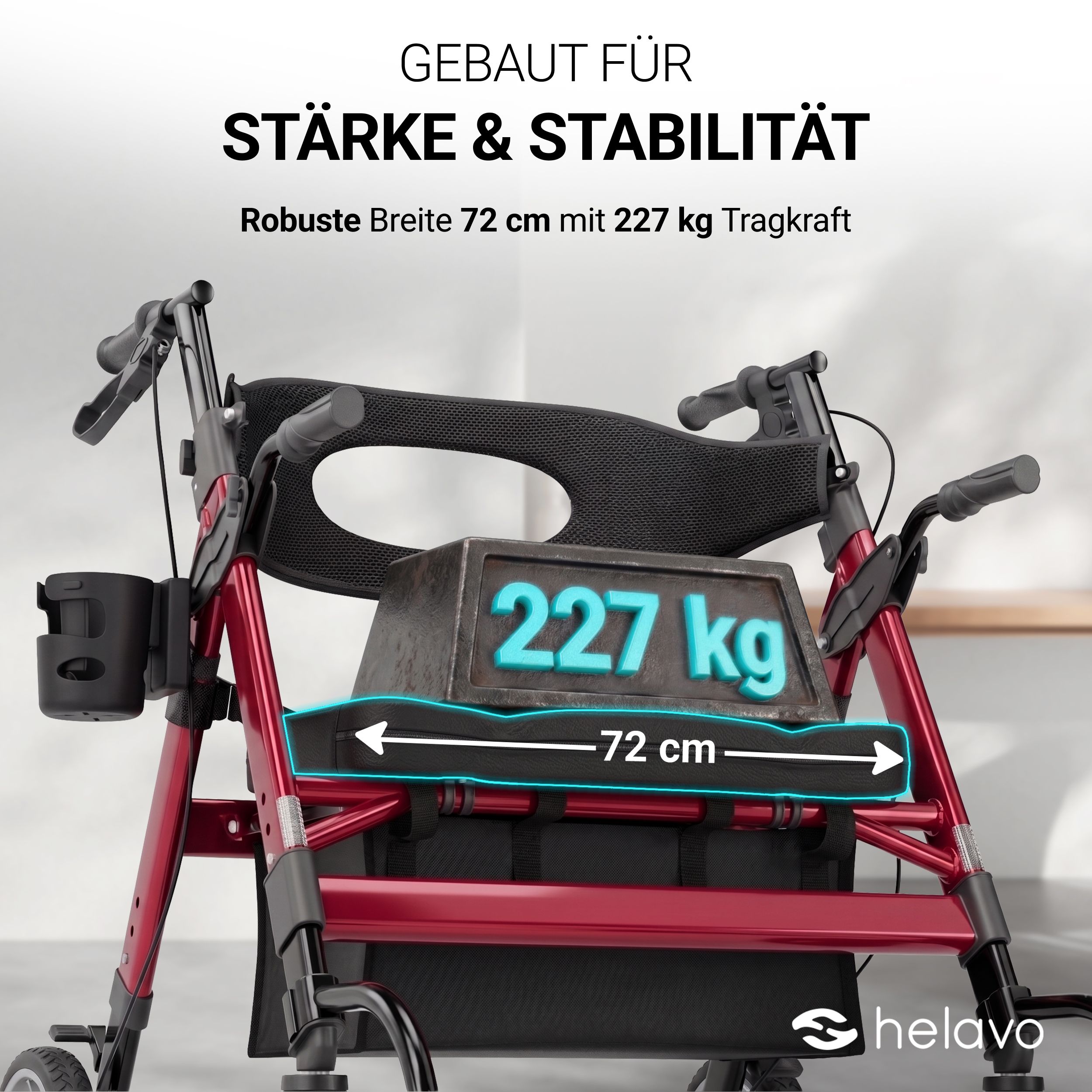 Un déambulateur avec une capacité de charge de 227 kg et une largeur de 72 cm, conçu pour la solidité et la stabilité.