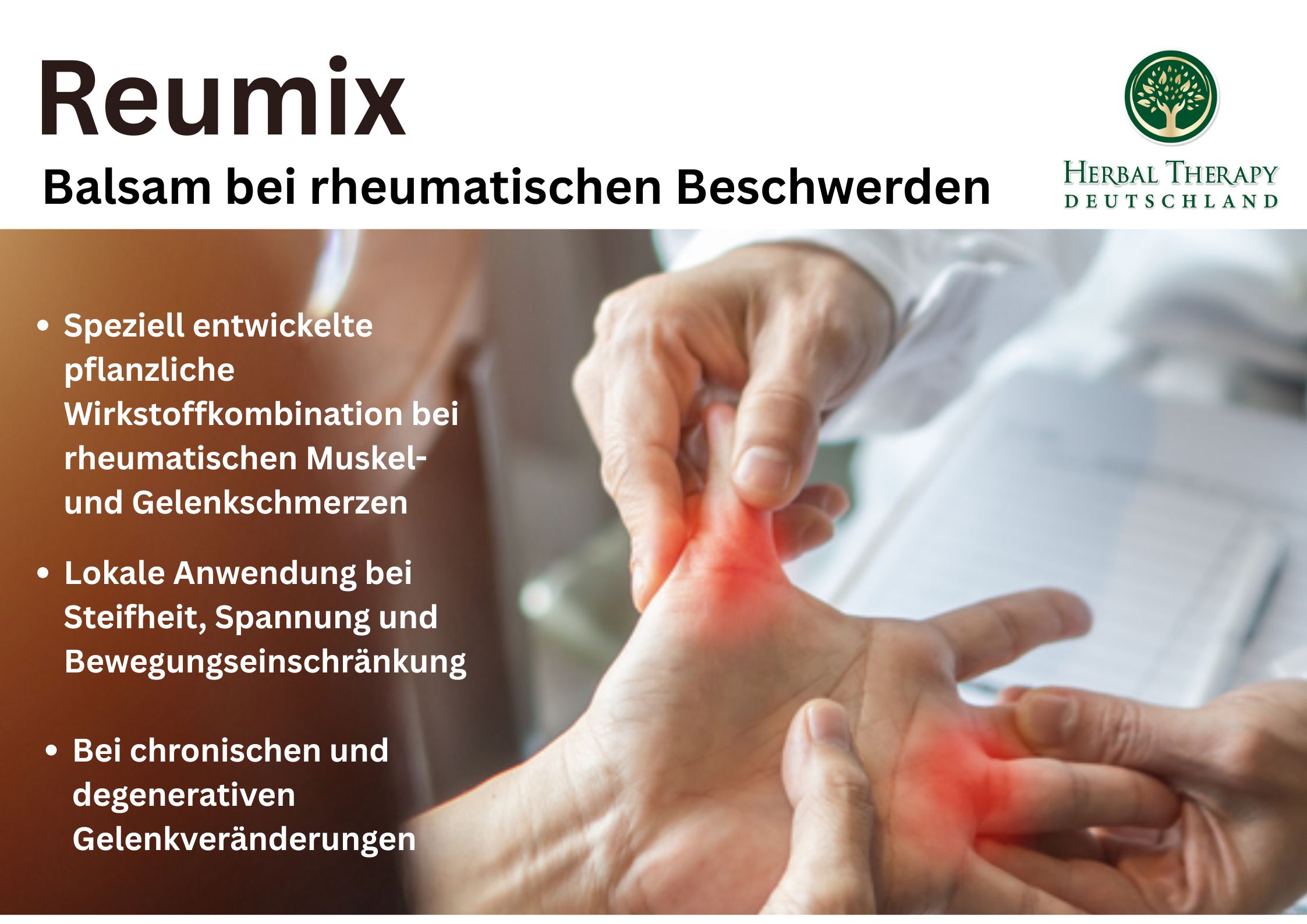 Tekst met opsommingstekens. Tube REUMIX, Herbal Therapy logo. Tekst: Balsem voor reumatische klachten.
