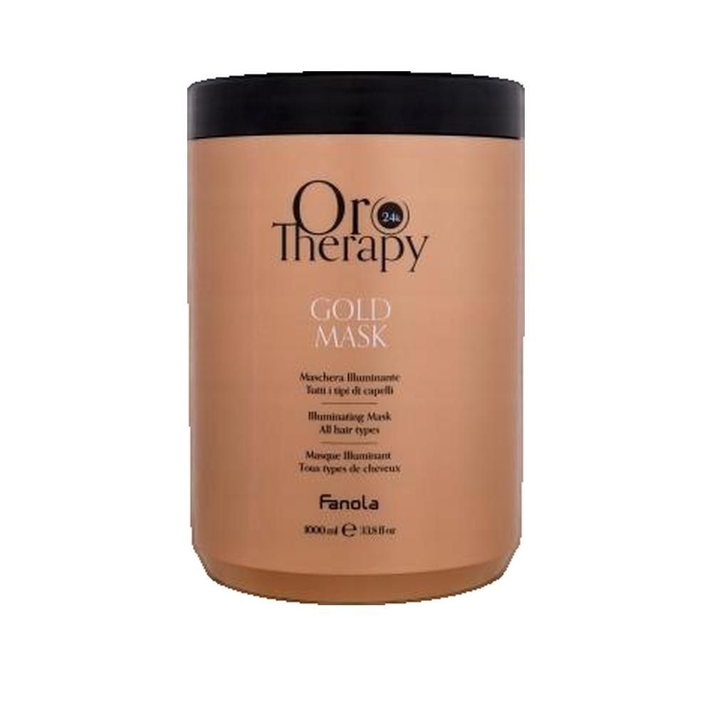 Gold Mask haarmasker. Bruine pot met zwart deksel. Opschrift: Oro Therapy, Gold Mask, Fanola. Voor alle haartypes.