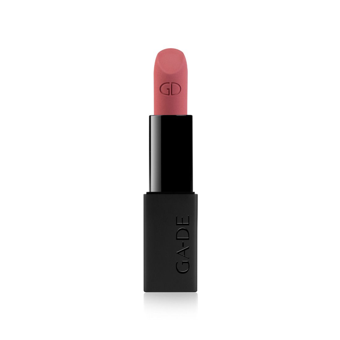 Lichtroze lipstick met zwarte huls. Op de lipstick staat "GD" gegraveerd. Op de huls staat "GA-DE".