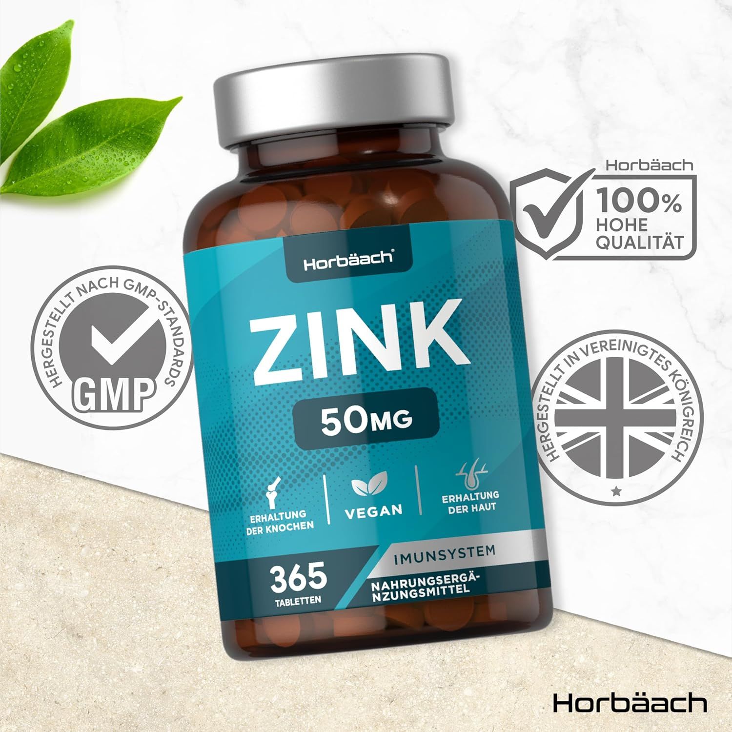 Horbaach zinktabletten fles. 365 tabletten, 50mg zink. GMP-normen, 100% hoge kwaliteit. Gemaakt in UK. Voor huid, botten, immuunsysteem.
