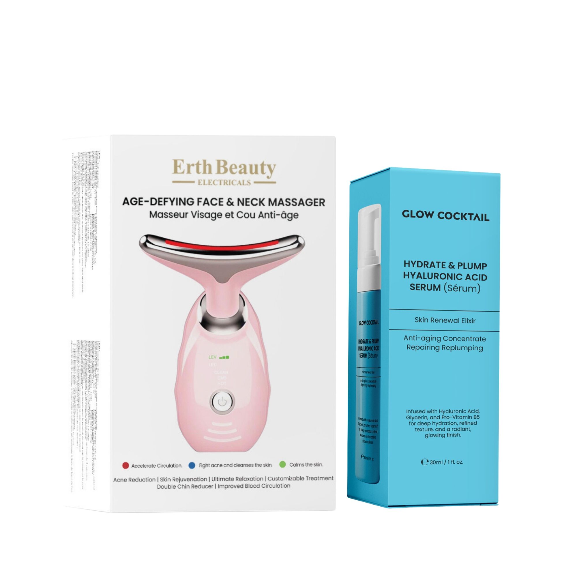 Glow Cocktail Anti Aging Gezichts en Halsmassageapparaat Roze met Hyaluronzuur Serum