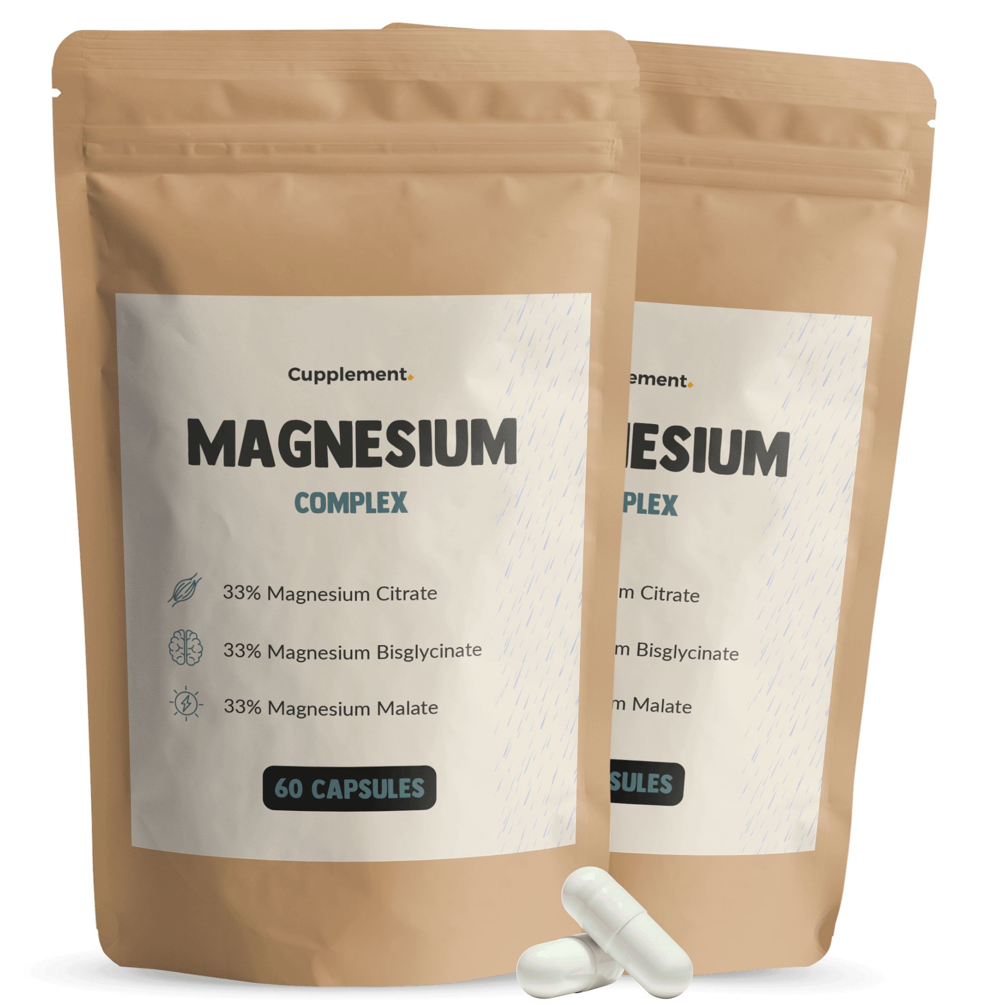 Twee bruine zakjes met Magnesium Complex capsules, ernaast twee witte capsules.