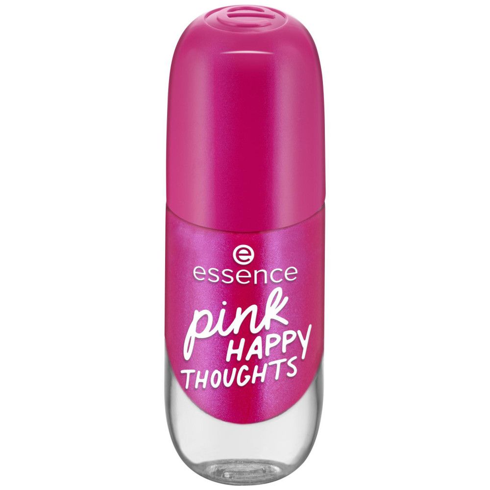 Flacon de vernis à ongles rose fermé. Inscription: Essence, pink HAPPY THOUGHTS.
