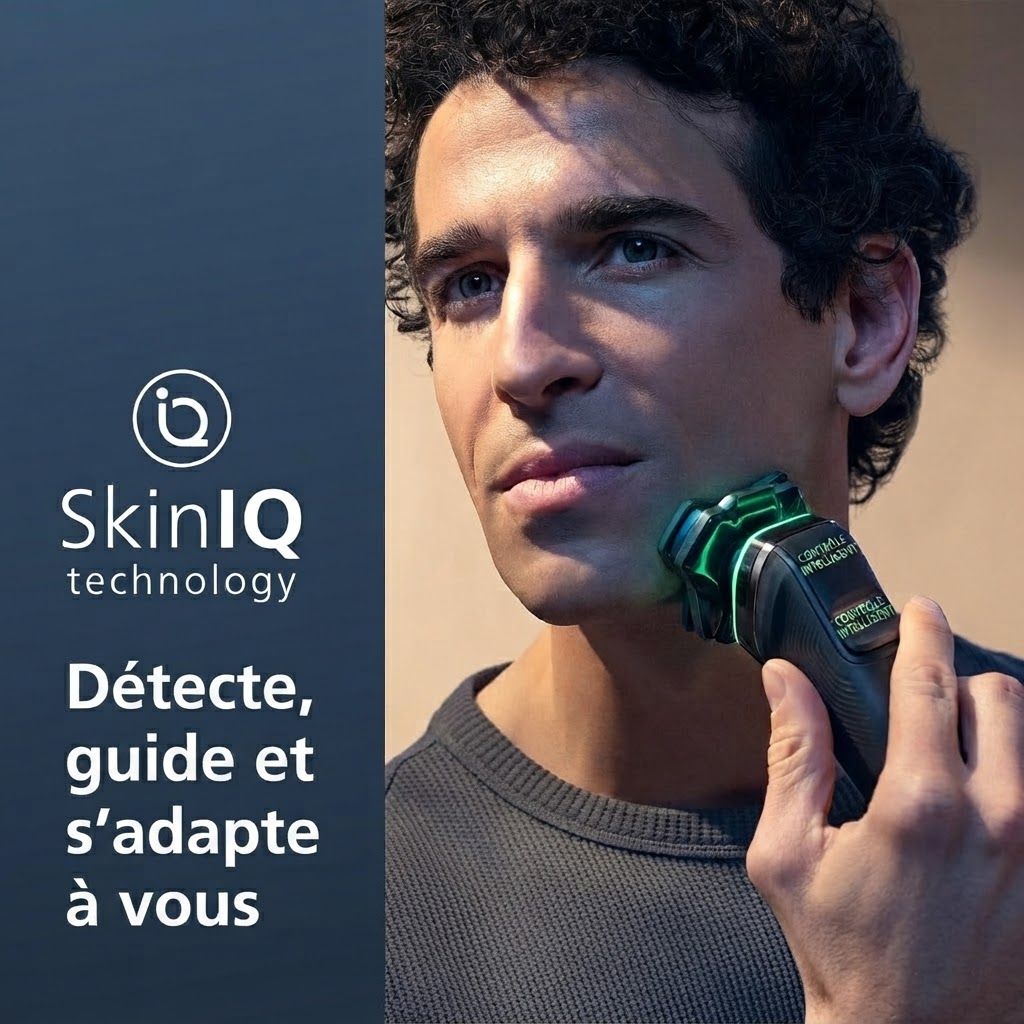 Homme utilisant un rasoir électrique noir avec des accents verts sur le menton.