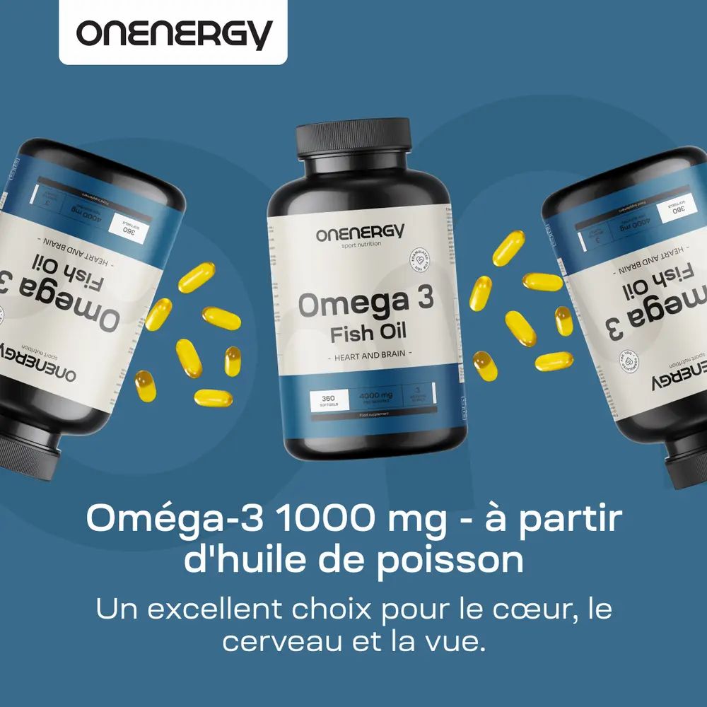 Trois flacons d'Omega 3. Texte: Omega-3 1000 mg - à partir d'huile de poisson. 360 gélules. Coeur, cerveau, vue.