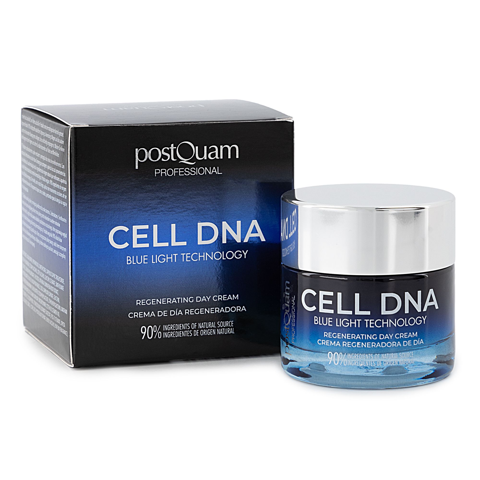 Postquam Cell DNA dagcrème met verpakking. Blauwe glazen pot en zwarte doos. Opschrift: CELL DNA, Blue Light Technology.