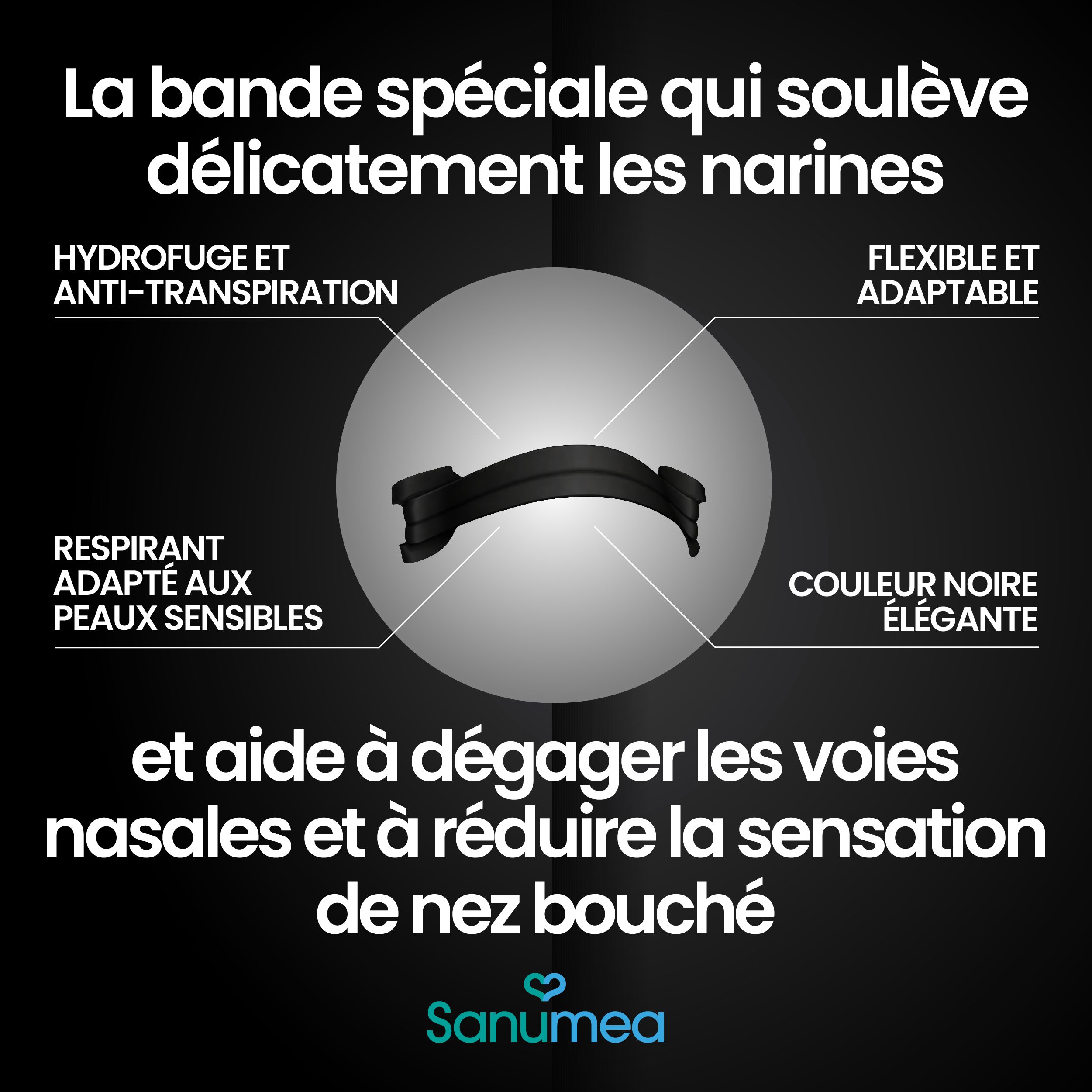 Bande nasale noire, flexible et respirante.