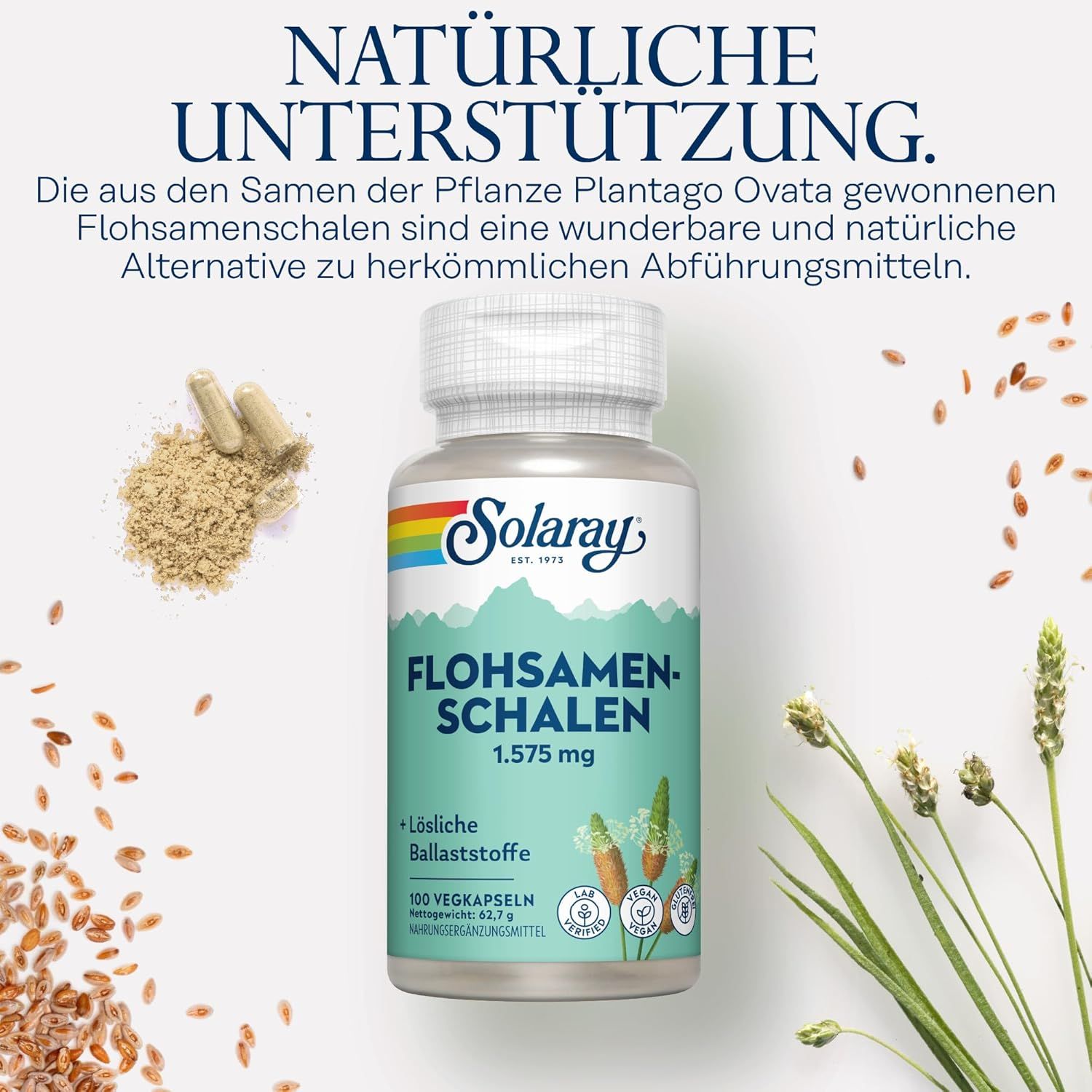 Gélules de téguments de psyllium Solaray, 1.575 mg par portion. Contient des fibres solubles. 100 gélules végétales.