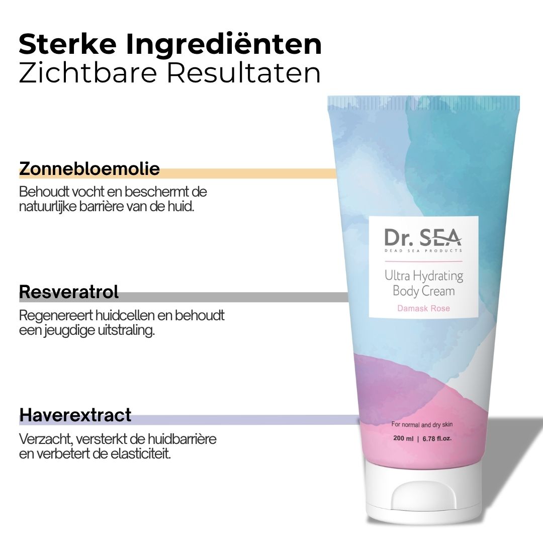 Crèmetube met tekst en diagram. Opschrift: Ultra Hydrating Body Cream, Damask Rose. Merk: Dr. SEA.