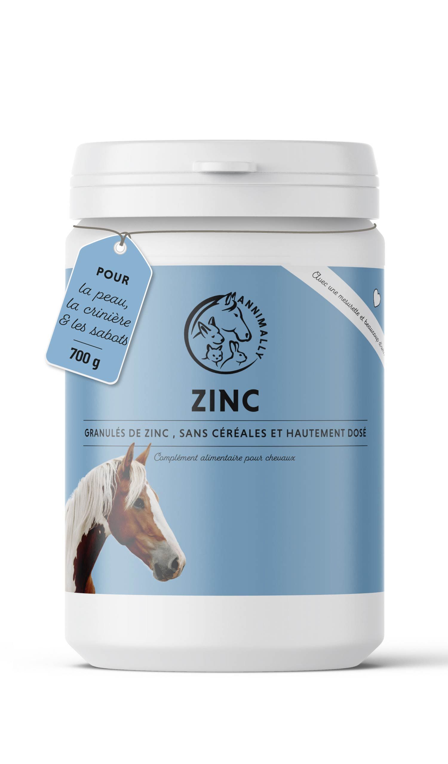 Étiquette bleue avec logo et texte: Zinc, 700 g. Granulés, sans céréales & hautement dosé. Complément.