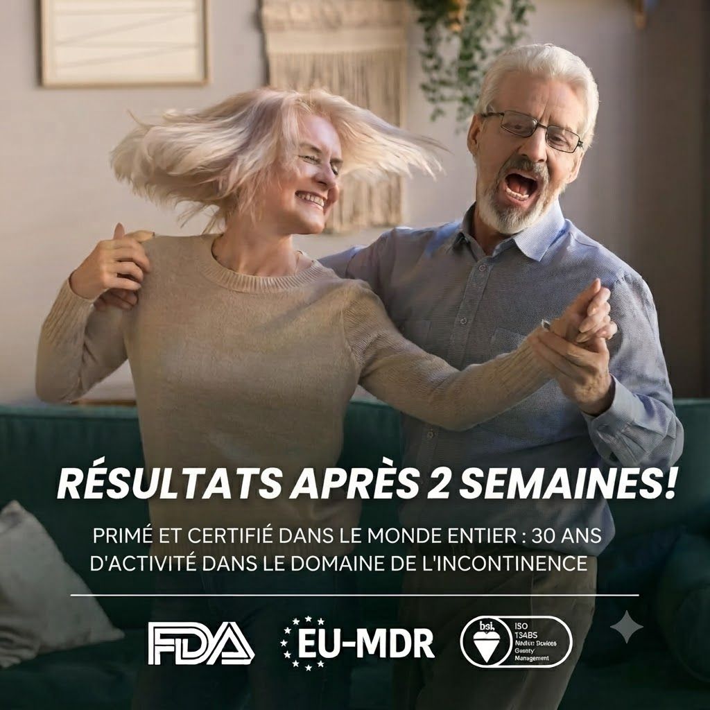 Un couple âgé danse joyeusement. Le texte en bas indique les certifications FDA, EU-MDR et ISO.