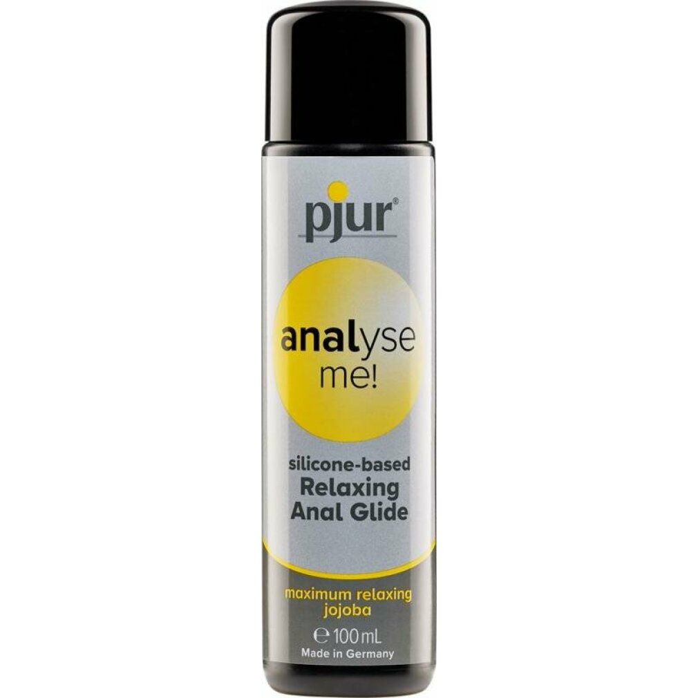 Cilindrische fles met zwarte dop. Geel logo en tekst "pjur analyse me!". Productnaam.