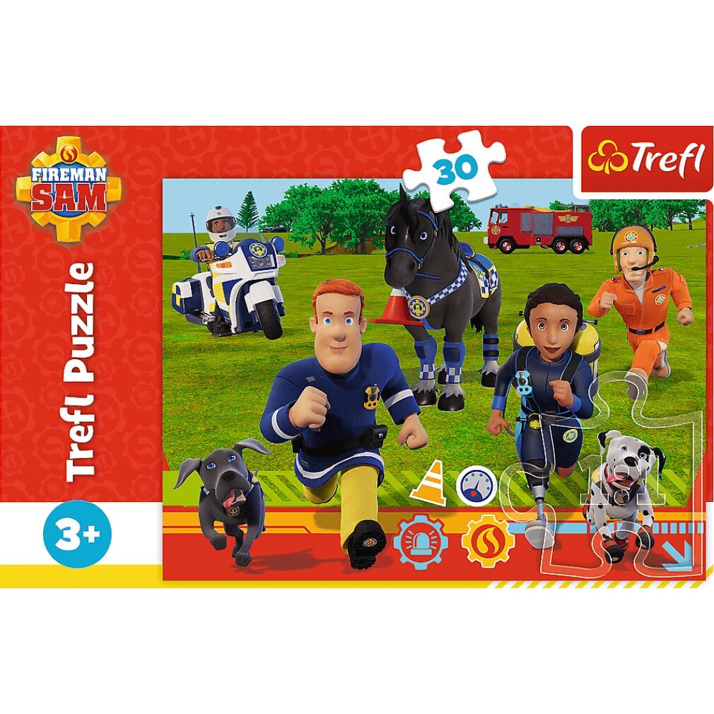 Puzzeldoos met Sam de brandweerman. Opschrift: 30 stukjes, logo Trefl. Afbeelding van de puzzelstukjes met figuren en voertuigen.
