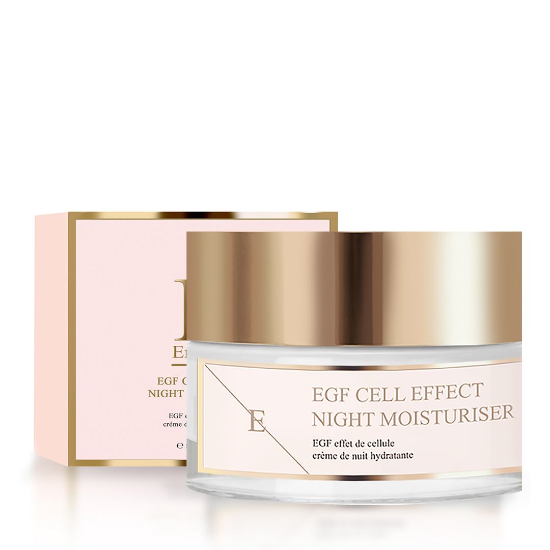 Crème de nuit hydratante EGF Cell Effect avec sa boîte d'emballage assortie.