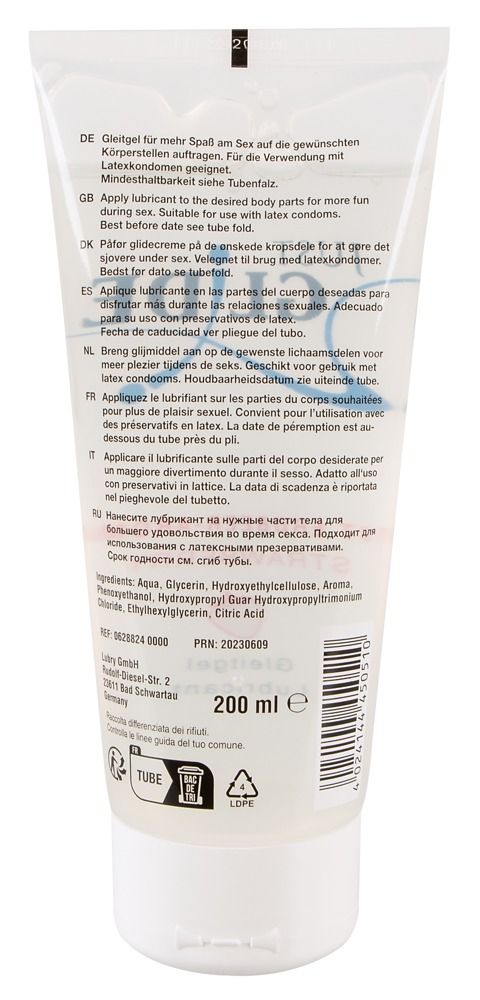 Achterkant van een tube glijmiddel met meertalige gebruiksinstructies en ingrediënten. 200 ml.
