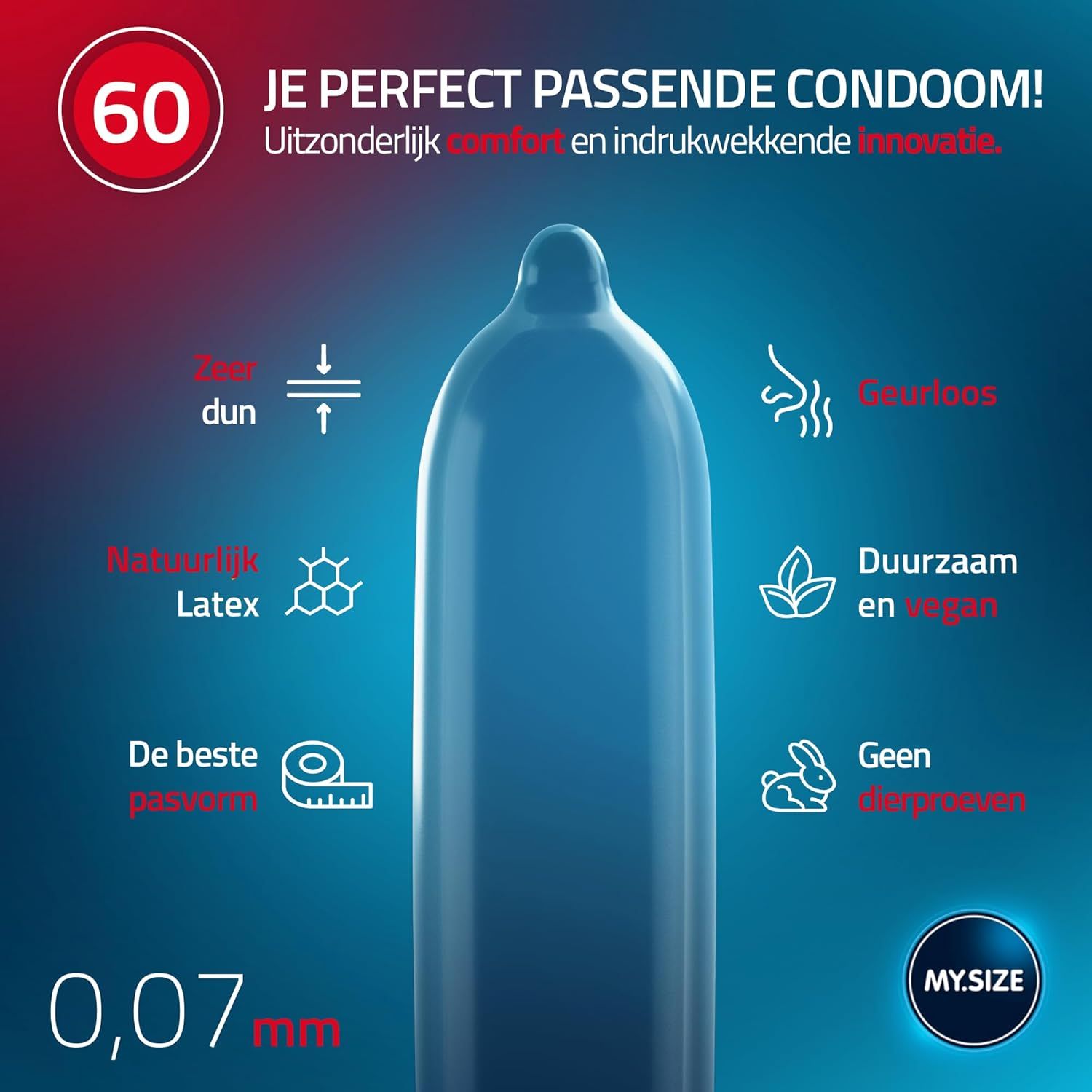 Blauw latex condoom, 0,07 mm dun, geurloos, duurzaam, vegan, dierproefvrij.