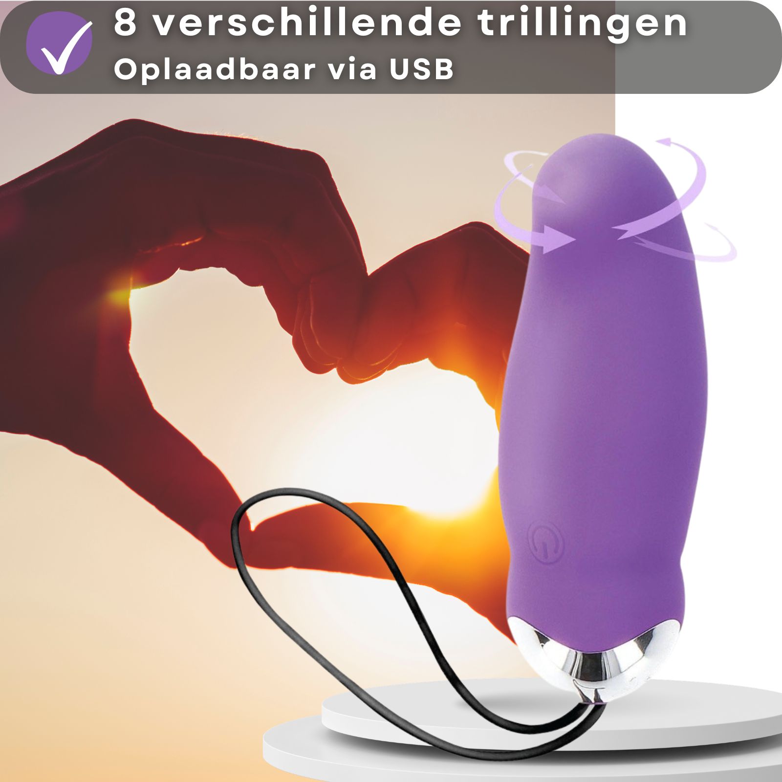 Paars vibratie-ei. Gemaakt van siliconen en ABS. 9 cm lang, 3,3 cm diameter. Oplaadbaar via USB.
