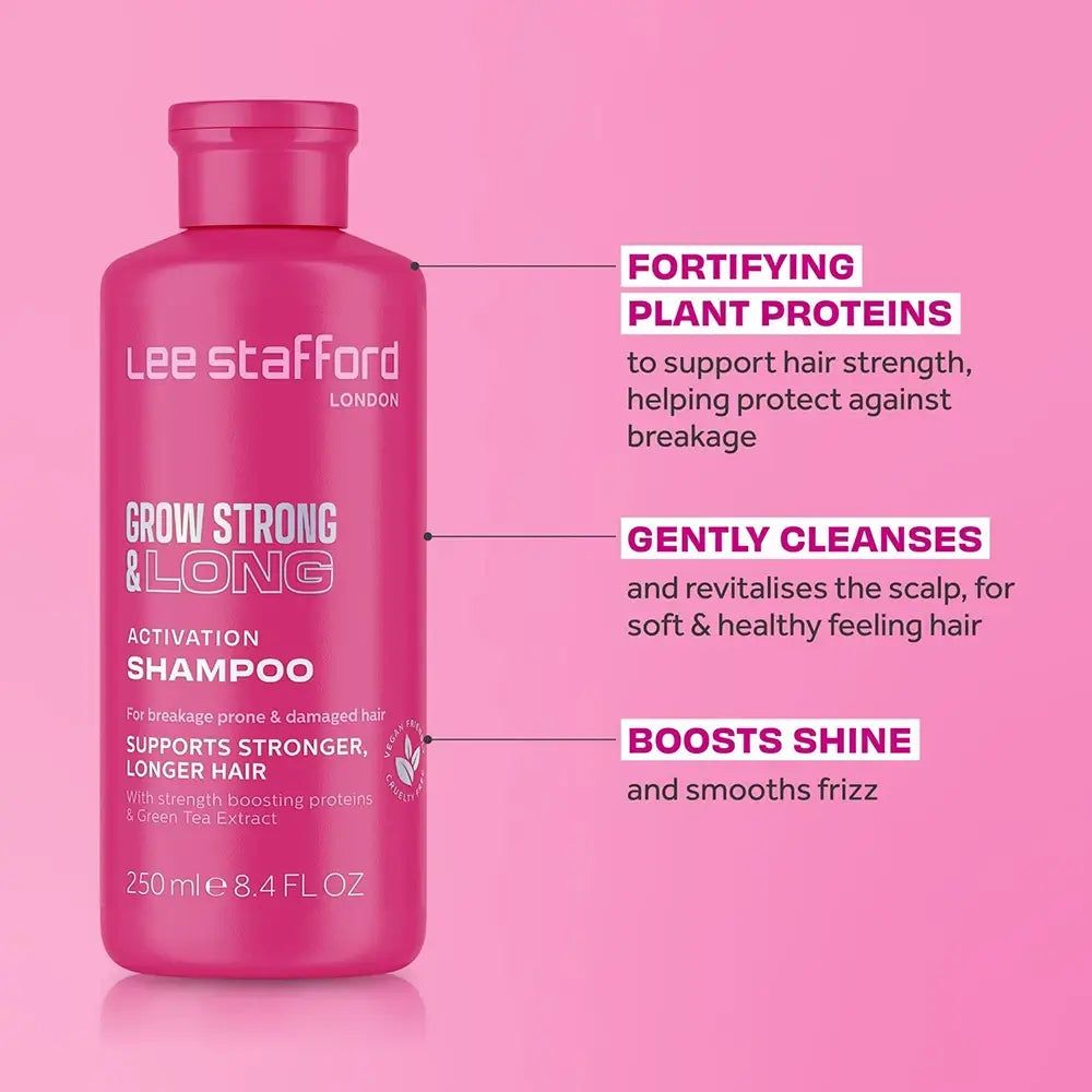 Bouteille de shampooing activateur LEE STAFFORD Grow Strong & Long avec avantages mis en évidence.