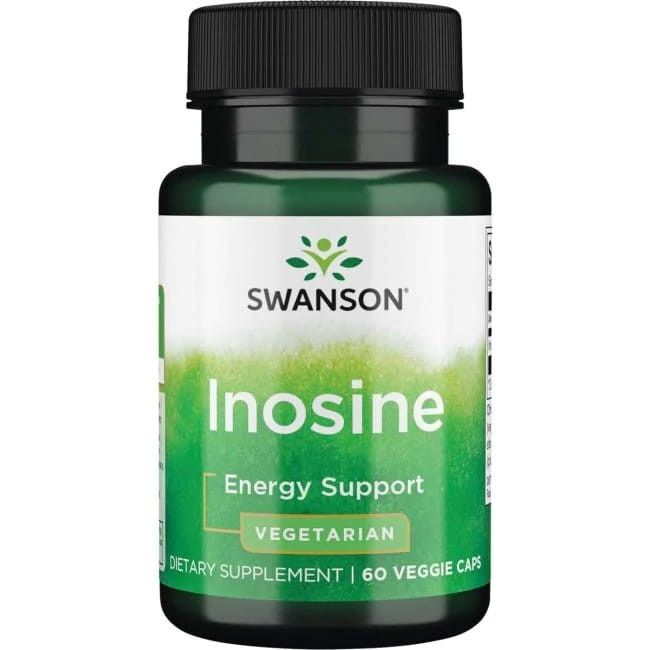 Flacon vert avec bouchon noir. Inscription: SWANSON Inosine, Energy Support, Vegetarian, Dietary Supplement, 60 Veggie Caps.