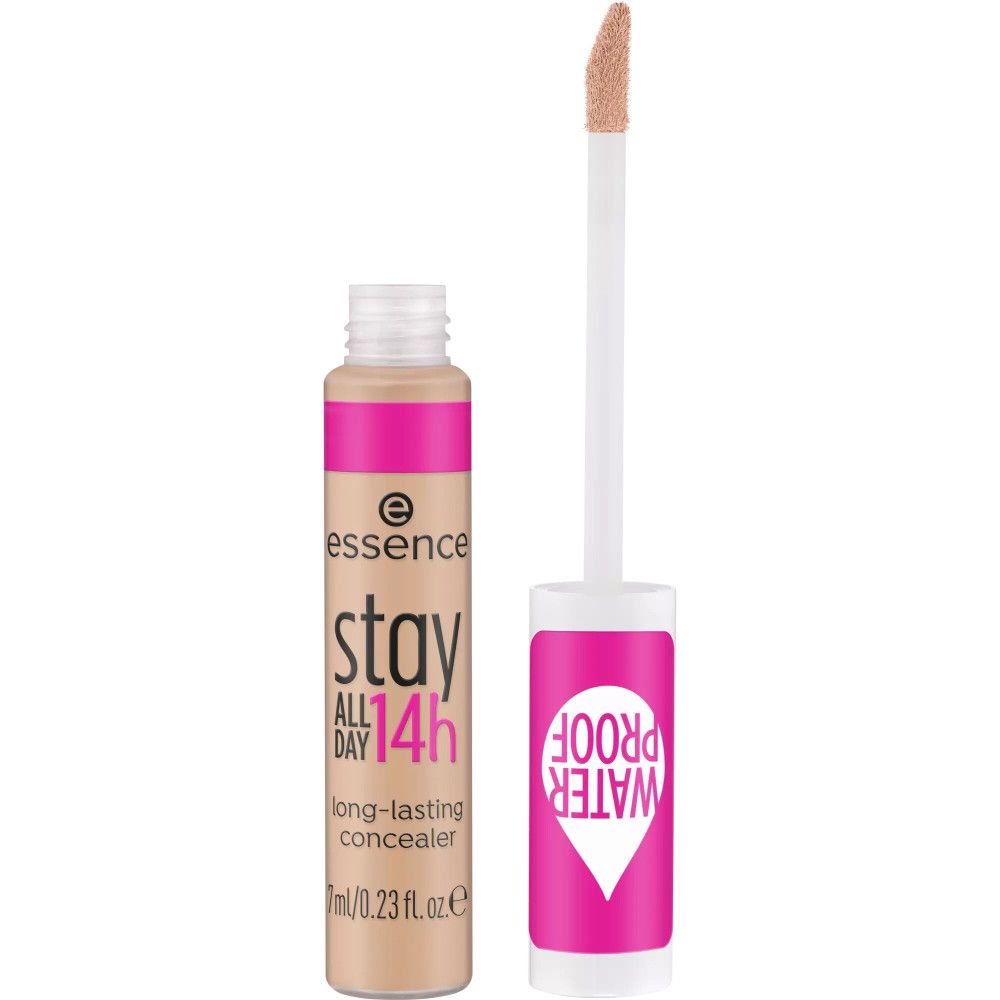 Correcteur liquide avec applicateur. Étiquette rose et blanche avec nom et logo du produit. Indication waterproof. Liquide beige en flacon.