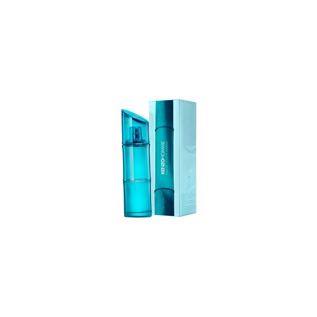 Flacon bleu Kenzo Homme Eau de Toilette Marine et emballage. Inscription : KENZO HOMME, Eau de Toilette Marine.