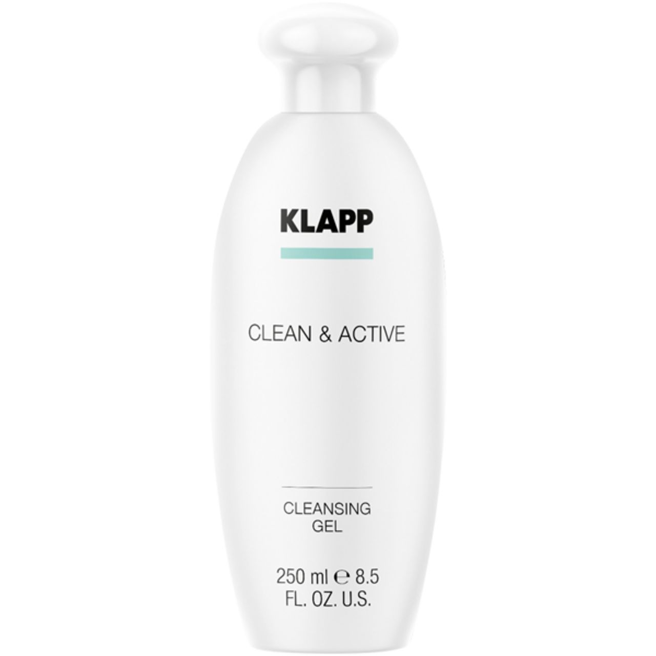Witte fles met Klapp-logo, tekst Clean & Active en Cleansing Gel. Inhoud: 250 ml.