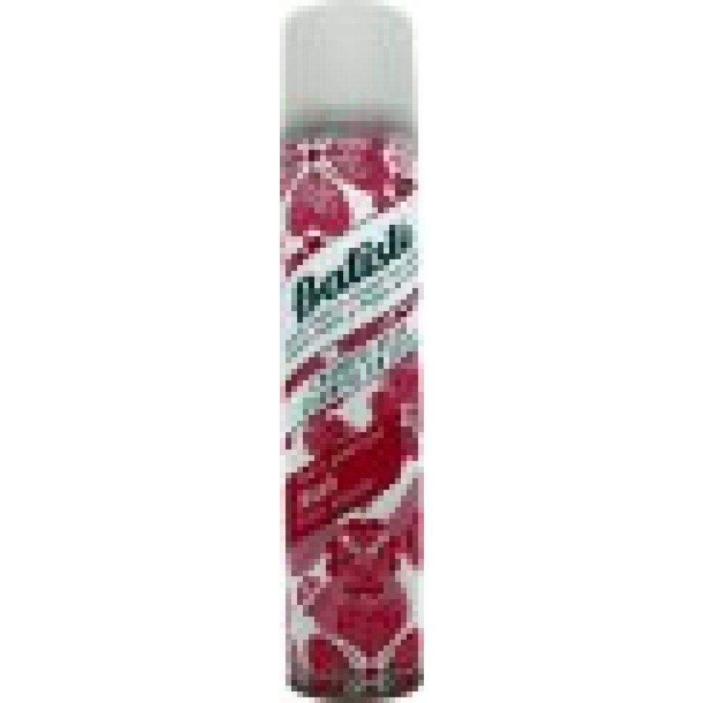 Petite bombe aérosol rouge avec bouchon blanc. Inscription: Batiste shampooing sec. Motif floral.
