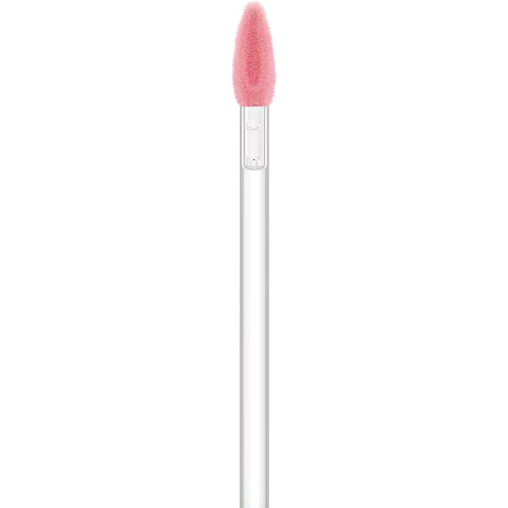 Een applicator voor lipgloss. De applicator heeft een roze punt en een transparante steel.