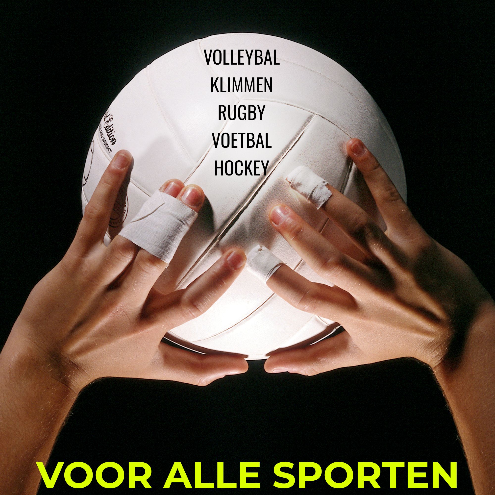 Een rol wit sporttape met iconen voor sterke grip, zweetbestendigheid en lange duurzaamheid.
