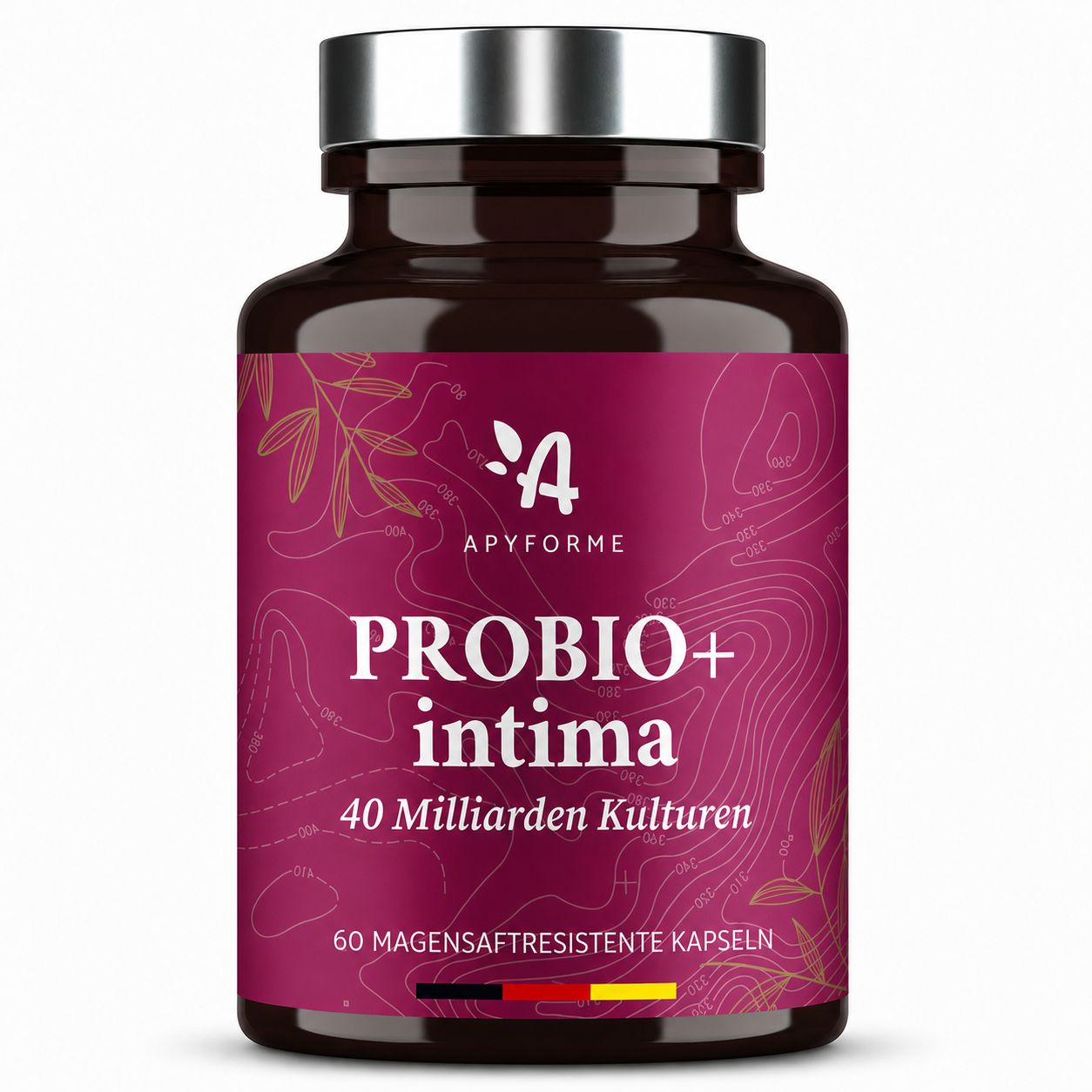 Flacon en verre brun avec étiquette Apyforme Probio+ Intima, 60 gélules gastro-résistantes.