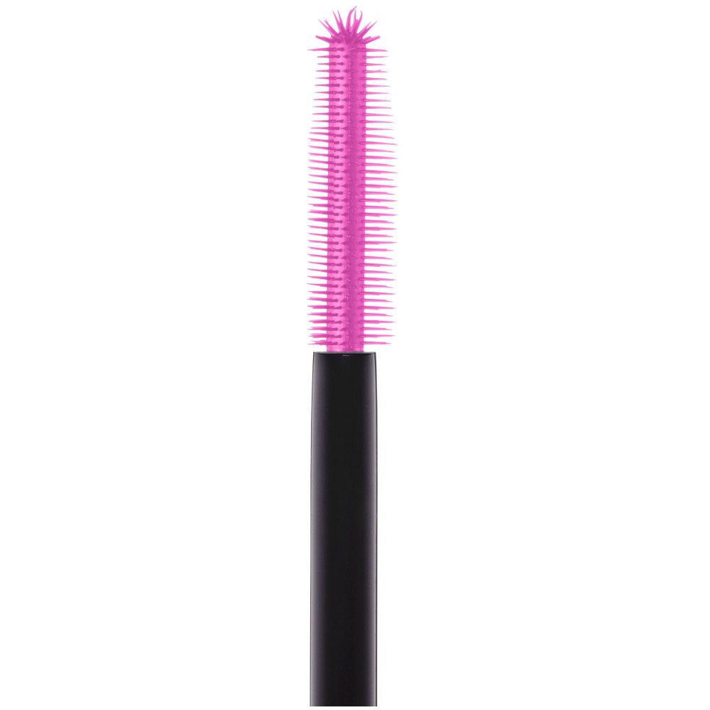 Gros plan sur une brosse de mascara rose avec manche noir. Les poils sont clairement visibles.
