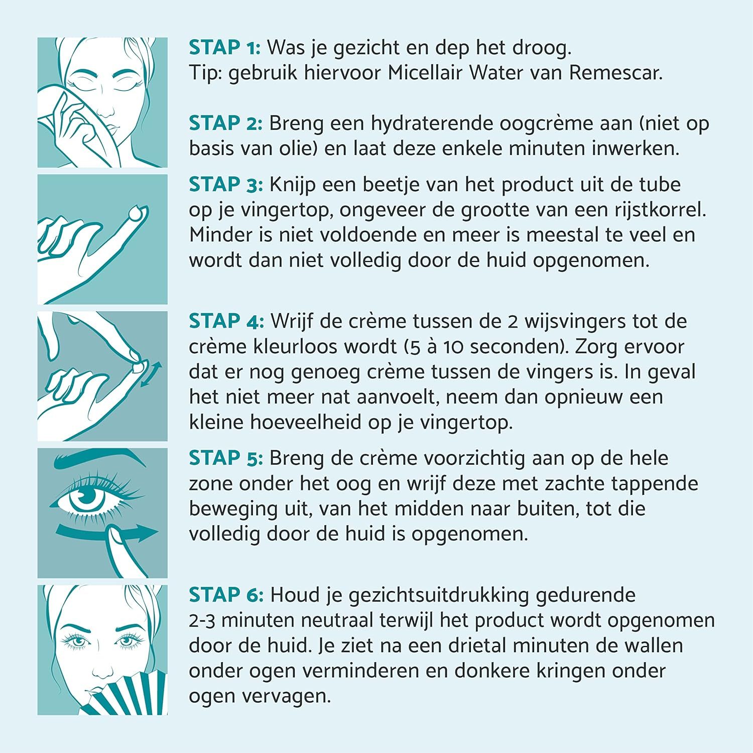Stapsgewijze instructies voor het aanbrengen van oogcrème met illustraties.