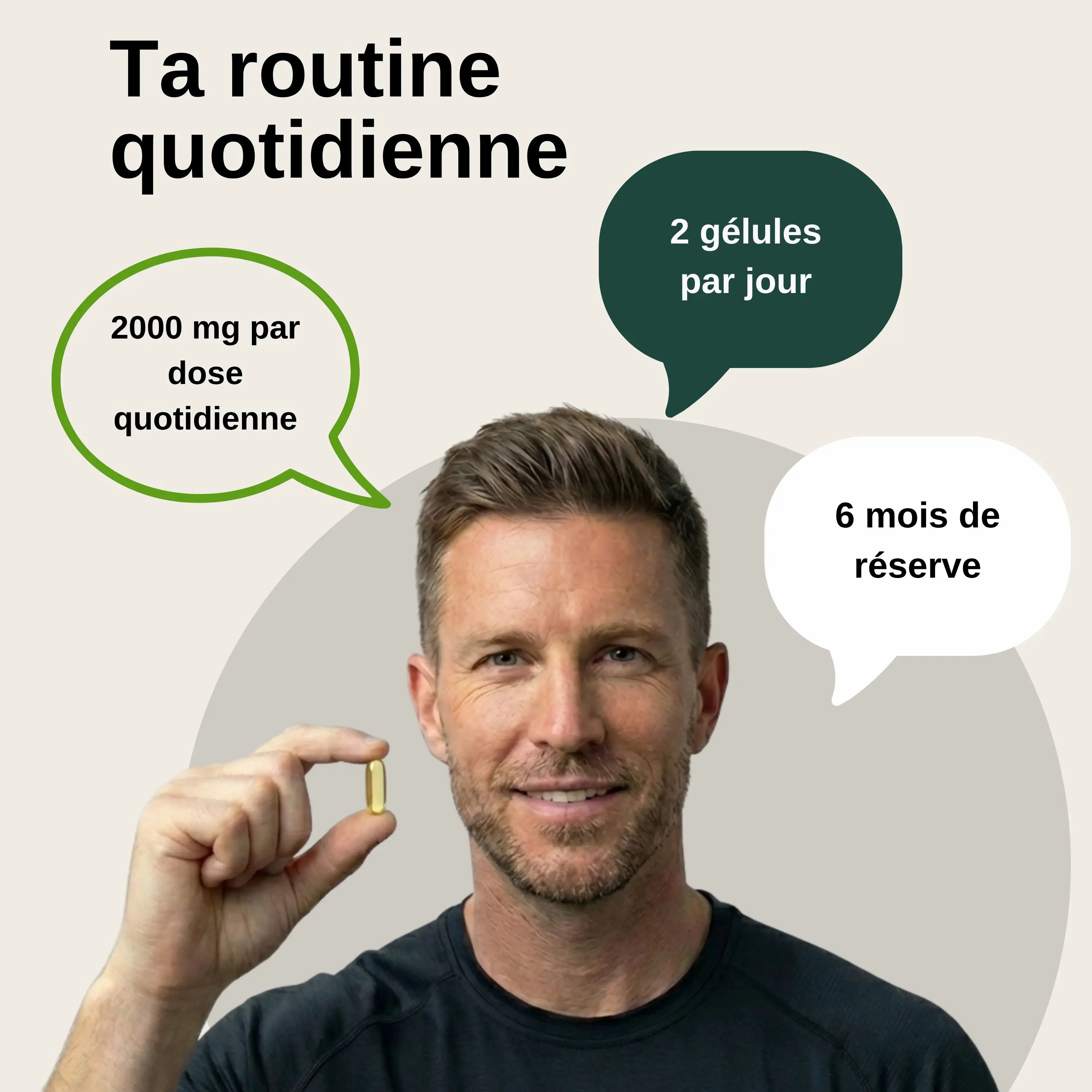 Homme tenant une gélule d'oméga-3. "2000 mg par dose", "2 gélules par jour", "6 mois de réserve".